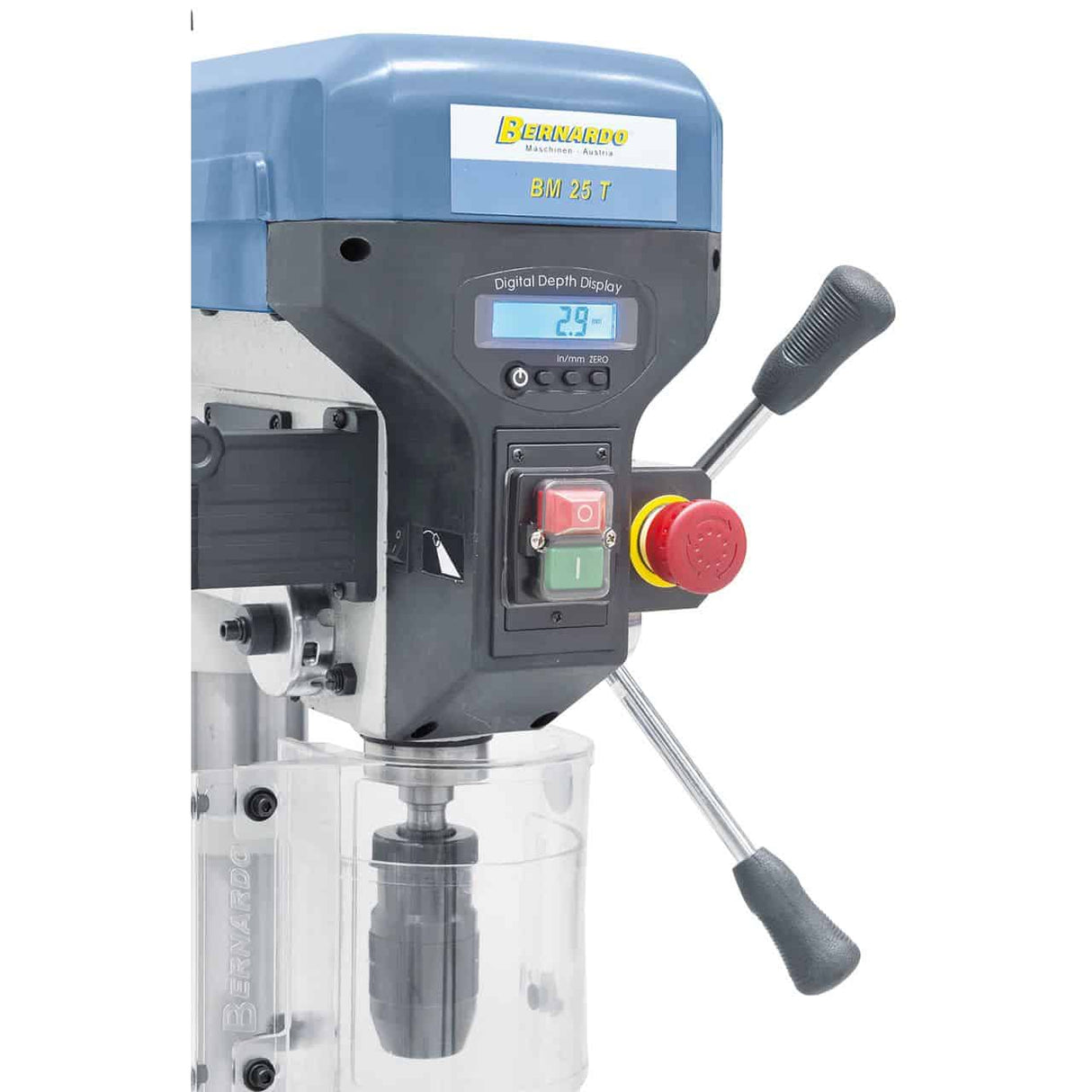 Tafelboormachine Bernardo BM 25 T / 230 V met display digitaal en LED – boren Ø 25 mm, cono MT 2, 16 snelheid 220-2.840 rpm, motor 0,75 kW 230V, gewicht 57 kg