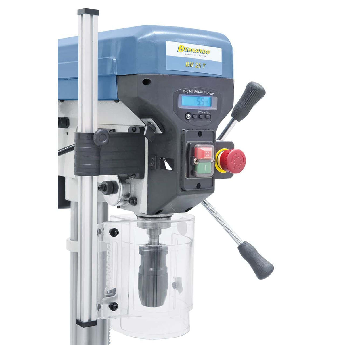 Tafelboormachine Bernardo BM 25 T / 400 V met display digitaal en LED – boren Ø 25 mm, cono MT 2, 16 snelheid 220-2.840 rpm, motor 0,75 kW 400V driefase, rotatie R/L, gewicht 57 kg