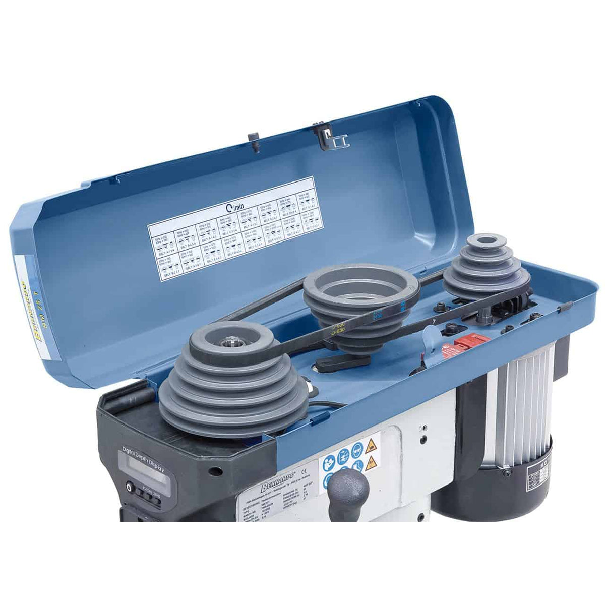 Tafelboormachine Bernardo BM 25 T / 400 V met display digitaal en LED – boren Ø 25 mm, cono MT 2, 16 snelheid 220-2.840 rpm, motor 0,75 kW 400V driefase, rotatie R/L, gewicht 57 kg
