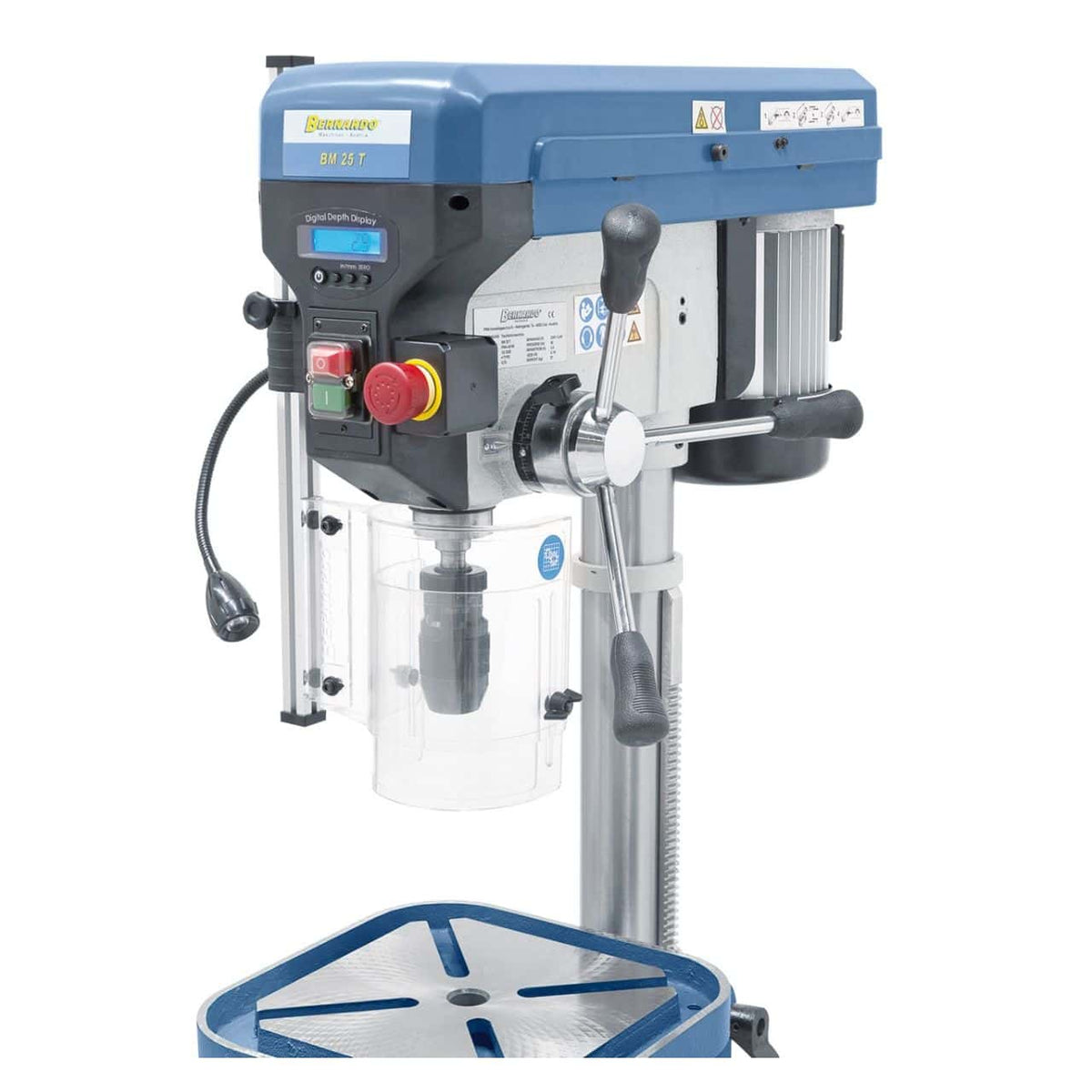 Tafelboormachine Bernardo BM 25 T / 400 V met display digitaal en LED – boren Ø 25 mm, cono MT 2, 16 snelheid 220-2.840 rpm, motor 0,75 kW 400V driefase, rotatie R/L, gewicht 57 kg