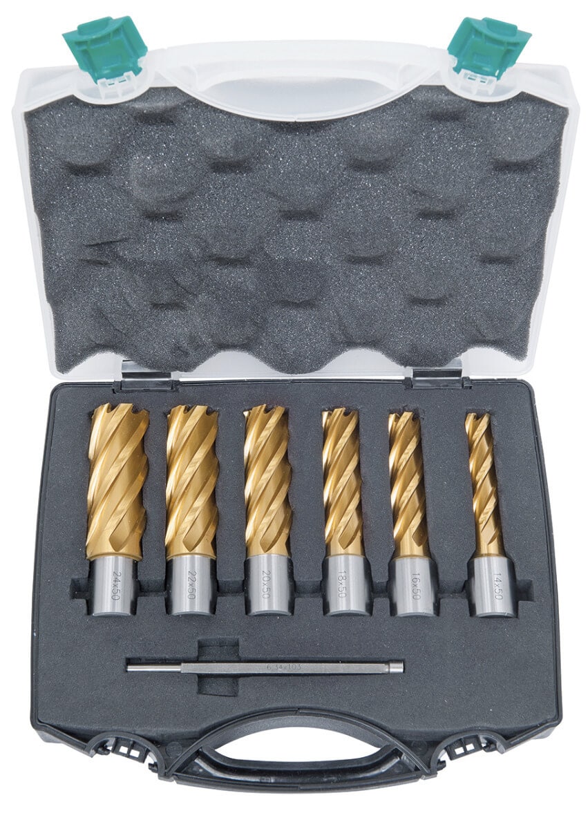 Set fresa a corona HSS CDL, con rivestimento in stagno, 14 - 24 mm, profondità di foratura 50 mm