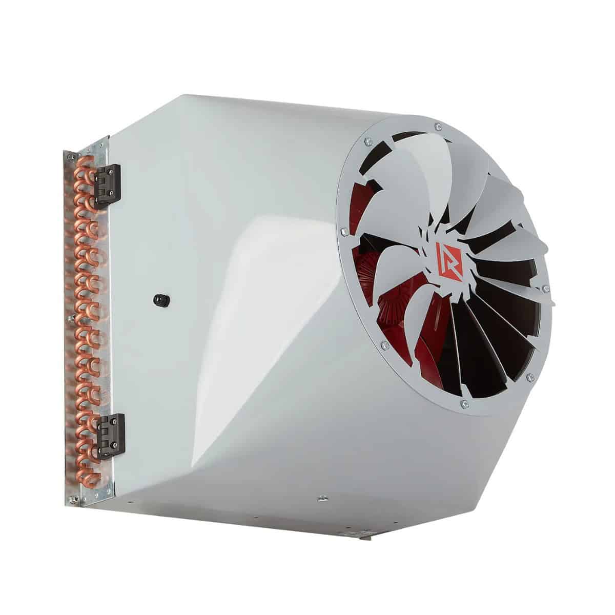 Aerotermo ad acqua Reventon, serie Farmer OpenAir: struttura robusta in acciaio verniciato, serpentino con tubazioni in rame/acciaio per l’allacciamento a impianto idraulico, ventilatore centrifugo ad alta portata ideale per grandi spazi aperti. Dotato di supporto regolabile per montaggio a parete o soffitto, griglia di protezione frontale e attacchi idraulici standard. Progettato per garantire distribuzione uniforme del calore in ambienti agricoli e industriali, con efficienza e resistenza alle condizioni