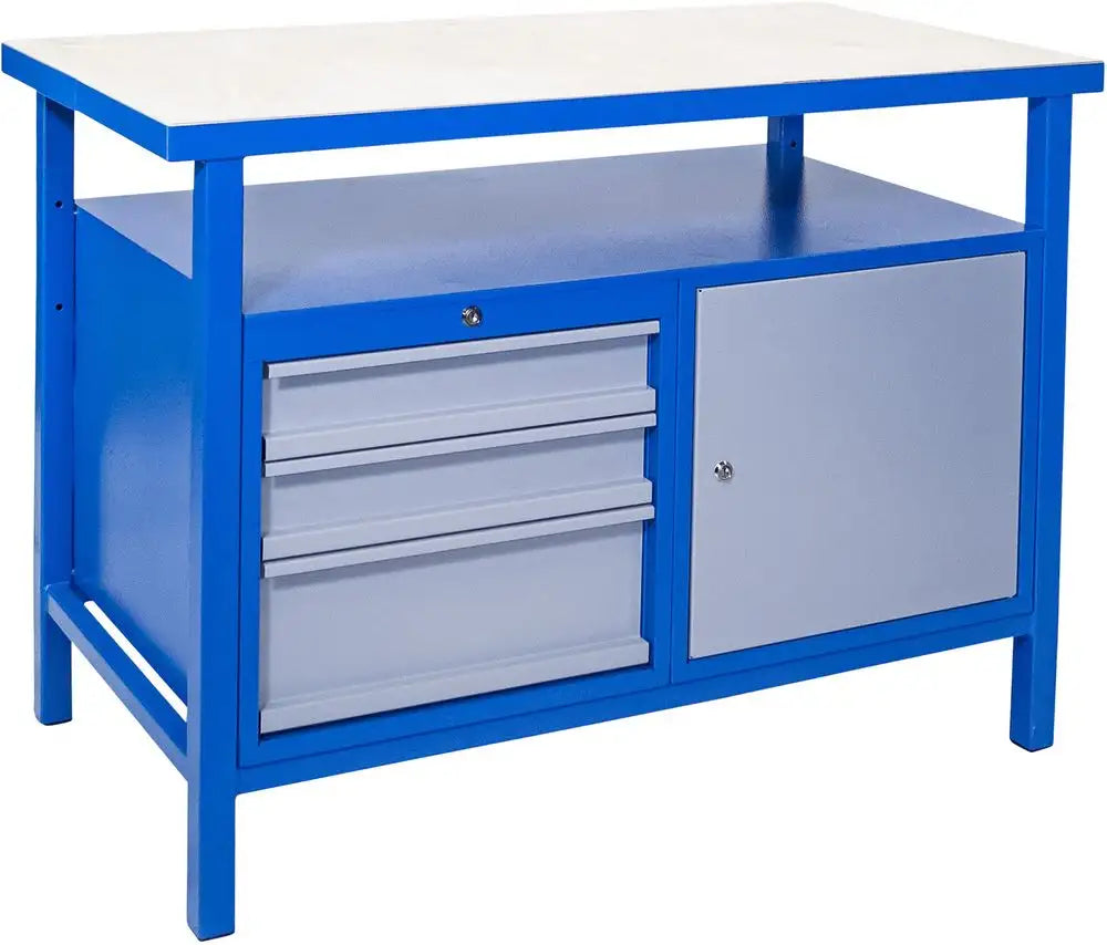 Banco da lavoro Guede P 1200 SLT con piano in faggio da 38 mm, struttura in acciaio saldato, cassetti e vano con anta e serratura separata per officina professionale.