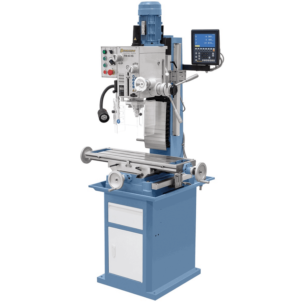 Trapano-fresatrice Bernardo FM 45 HS con testa inclinabile -60°/+60°, tavola 800 x 240 mm, cambio a ingranaggi, motore 1,5 kW e display digitale ES-12 V.