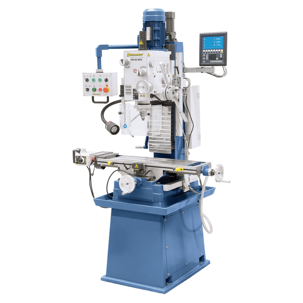 Trapano-fresatrice Bernardo FM 55 HSV con tavola 800 x 240 mm, testa inclinabile ±60°, avanzamenti automatici, motore a 2 velocità e visualizzatore digitale a 3 assi ES-12 V.