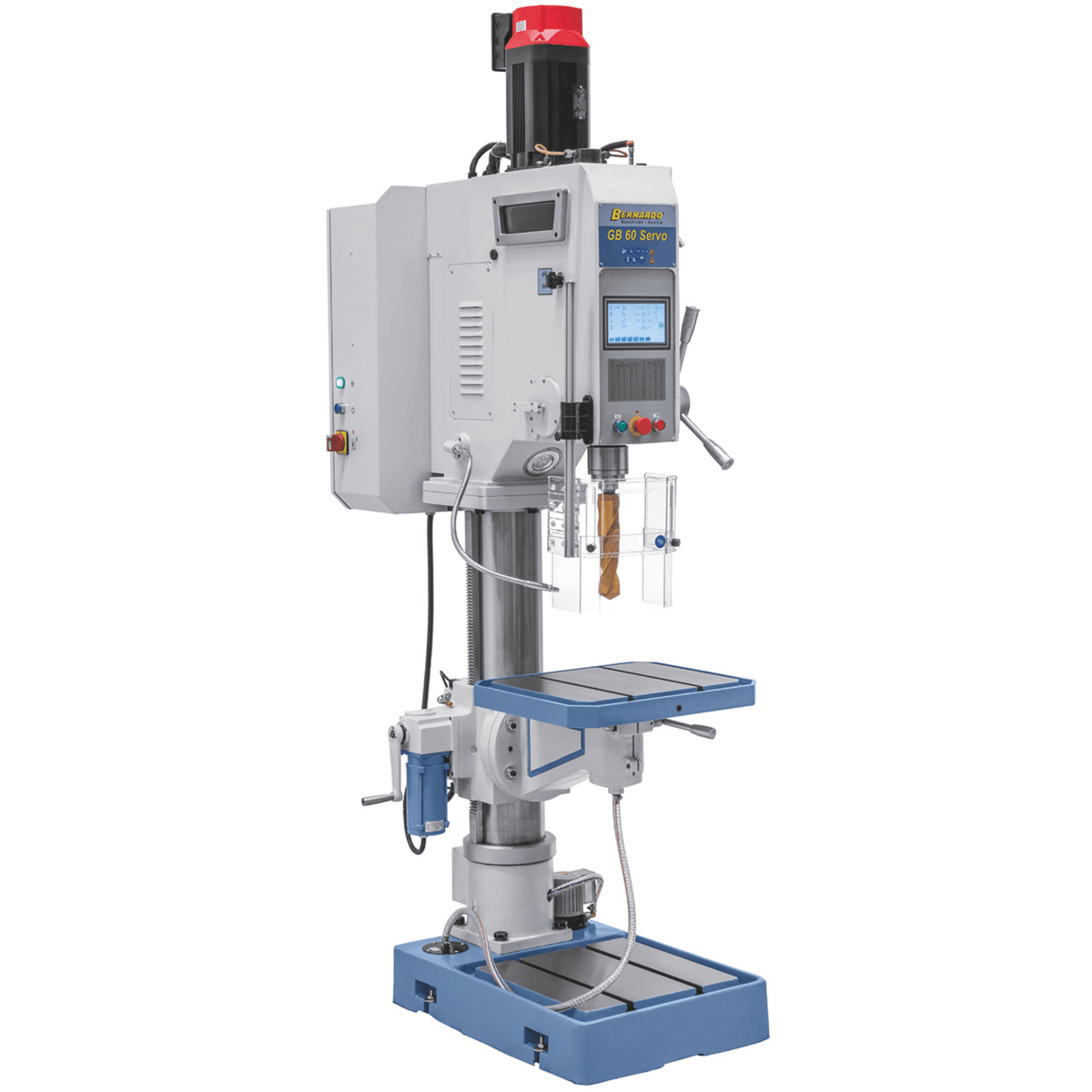 Trapano a ingranaggi Bernardo GB 60 Servo con controllo touchscreen, servomotori, tavola inclinabile e girevole, pompa refrigerante integrata e capacità di foratura fino a 60 mm.