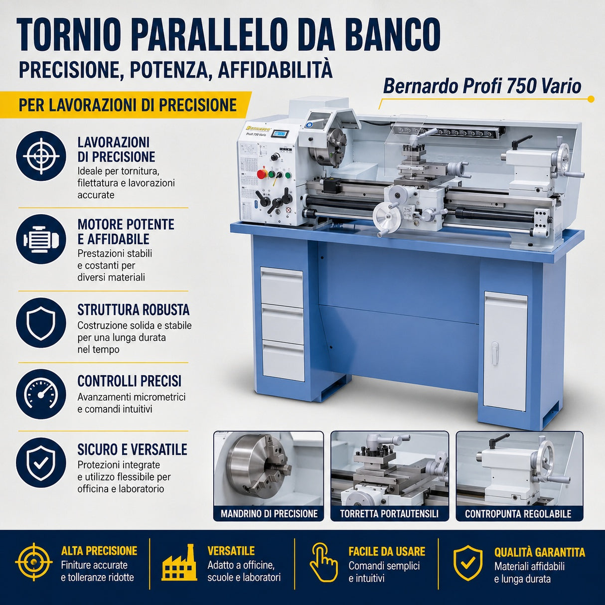 Draaibank Bernardo Profi 750 Vario / 230 V – Compact met regelaar