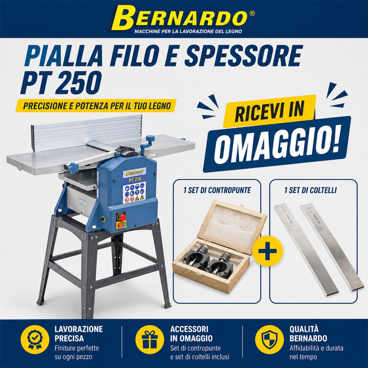 Bernardo PT 250 vlak- en vandiktebank met gratis reservemessen en instelmallen voor schaafmessen.