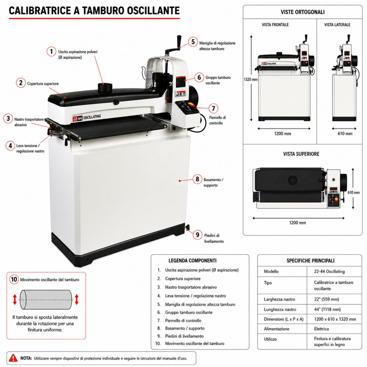 Kalibreerschuurmachine Jet JWDS-2244OSC Kalibreerschuurmachine cilinder oscillante 1120 mm