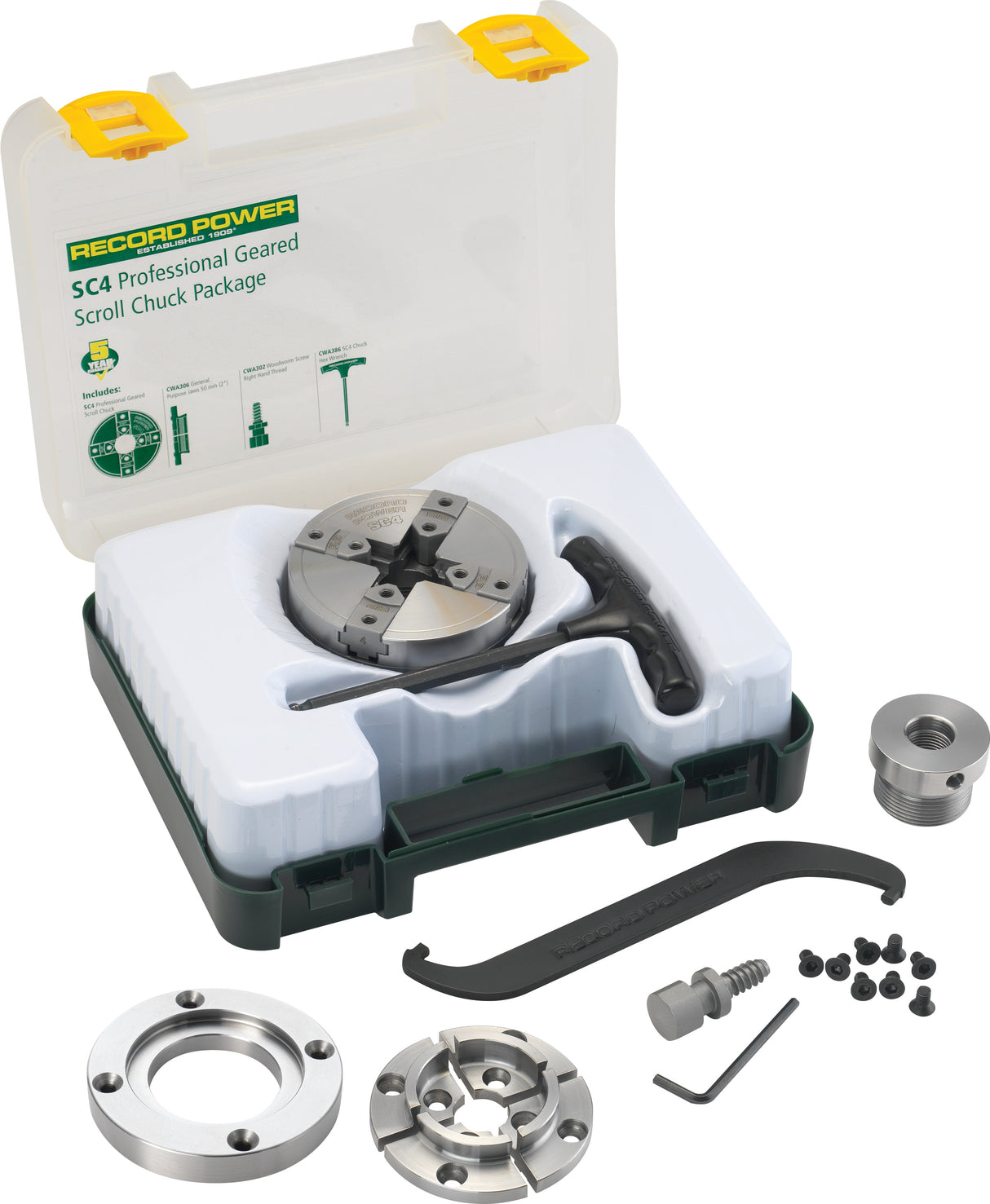 Mandrino Record Power SC4 a inserto con dorso chiuso, piastra di indicizzazione e flangia da 87 mm, ideale per tornitura professionale di pezzi di grandi dimensioni.