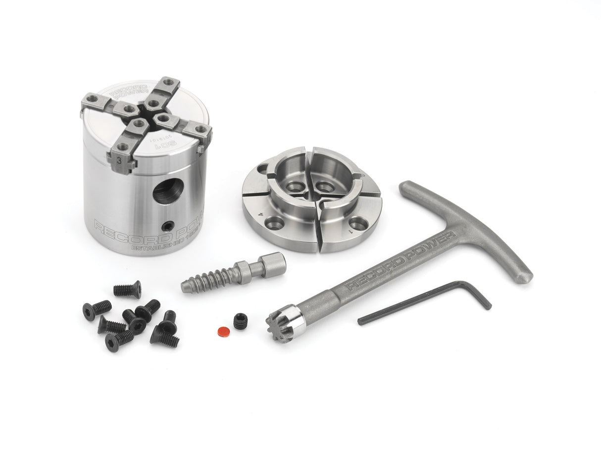 Mini mandrino Record Power SC1 con corpo compatto da 50 mm, progettato per la tornitura di piccoli oggetti in legno e lavori di alta precisione, compatibile con inserti SC4.