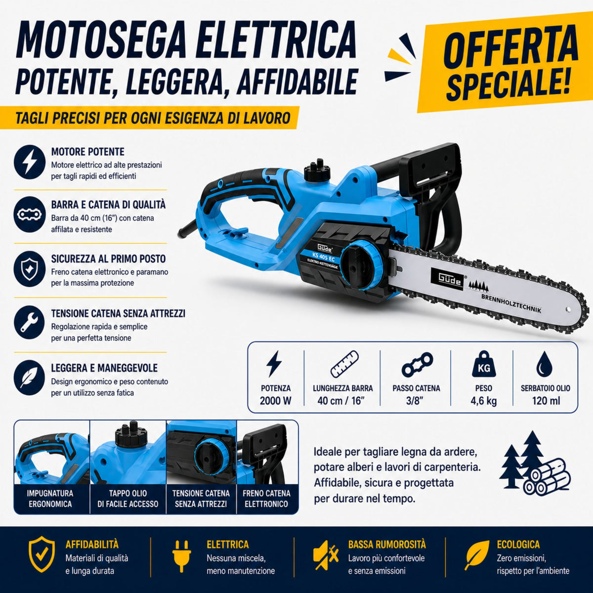 Motosega elettrica Güde KS 405 EC da 2400W, leggera e potente, ideale per taglio di legna, potatura e lavori domestici con elevata efficienza e facilità d’uso.