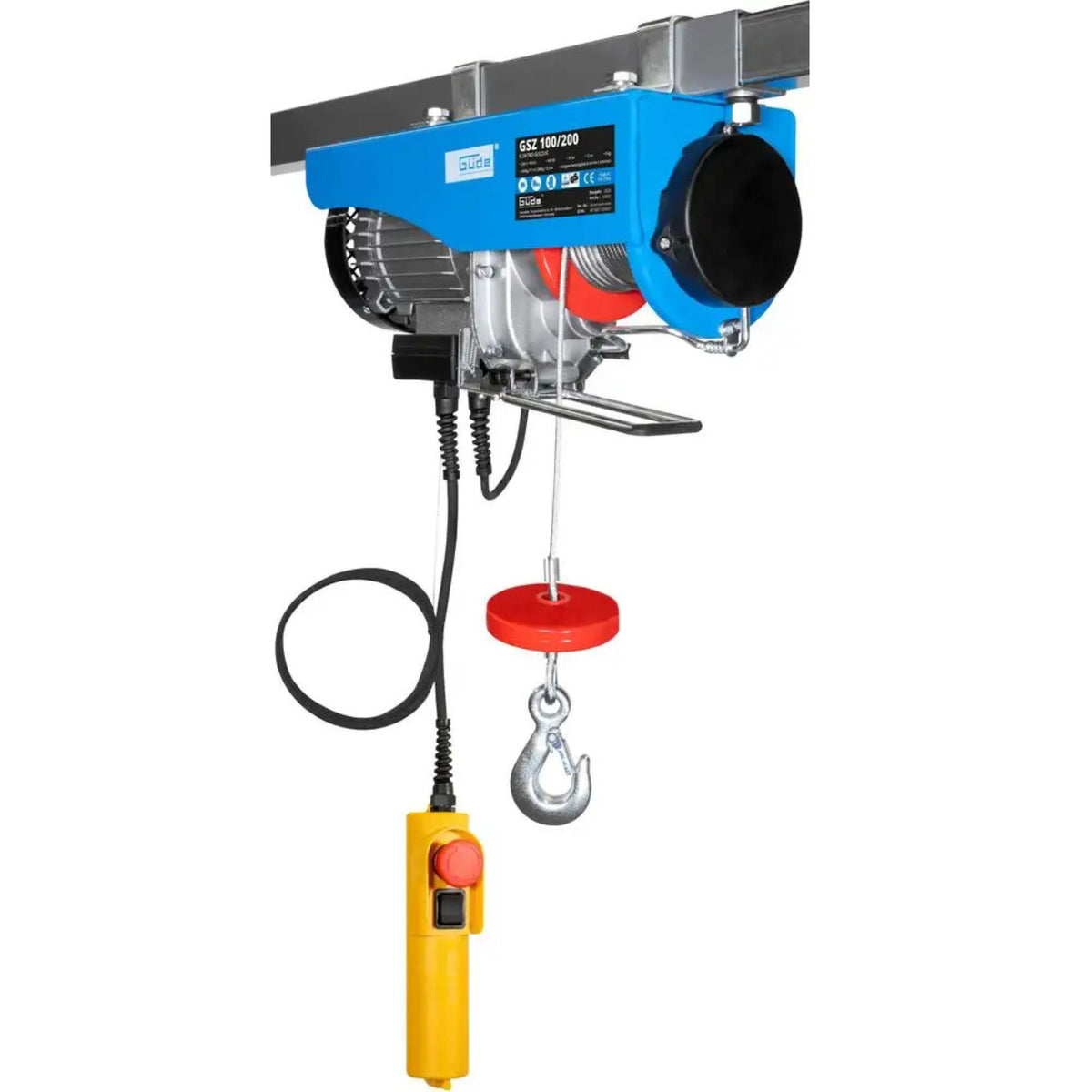 Fune acciaio Ø3,0 mm lunghezza 12 m (6 m efficaci per tratta). Gancio saldatura robusto 100 kg base, 200 kg con puleggia rinvio. Capacità variabile 100-200 kg selezionando configurazione. Ricambi disponibili presso Krollit.