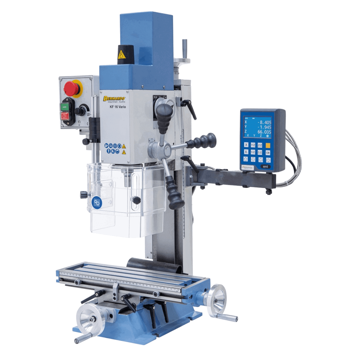 Trapano-fresatrice Bernardo KF 16 Vario met DRO DT 40 3 assen – boren Ø 16 mm, frees front Ø 50 mm, tafel 400 × 120 mm, kop kantelbaar -90°/+90°, motor 0,5 kW, 230V eenfase, gewicht 60 kg