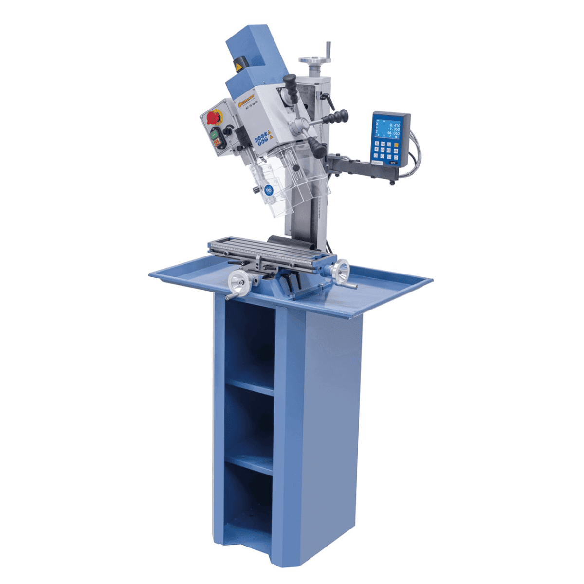 Trapano-fresatrice Bernardo KF 16 Vario met DRO DT 40 3 assen – boren Ø 16 mm, frees front Ø 50 mm, tafel 400 × 120 mm, kop kantelbaar -90°/+90°, motor 0,5 kW, 230V eenfase, gewicht 60 kg