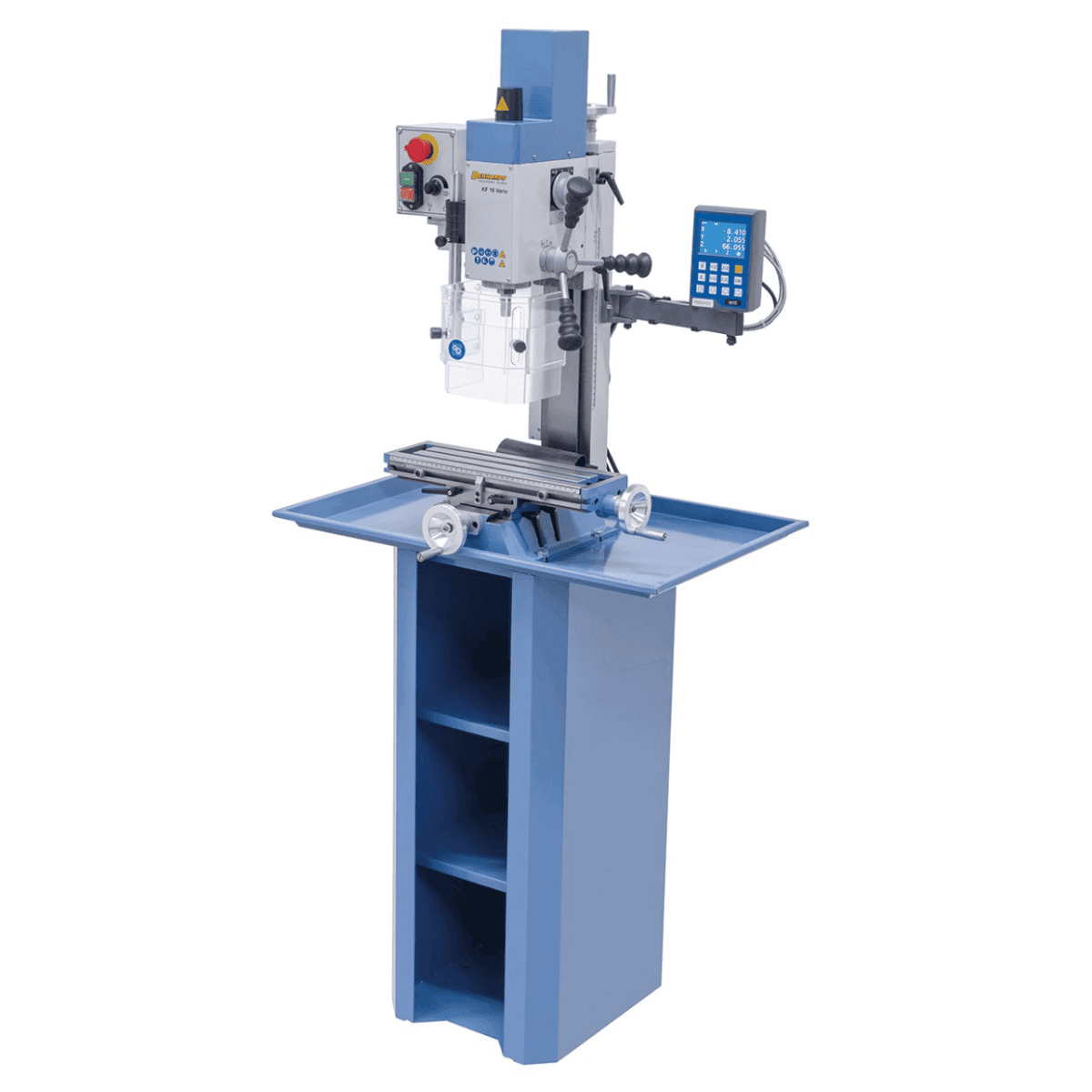 Trapano-fresatrice Bernardo KF 16 Vario met DRO DT 40 3 assen – boren Ø 16 mm, frees front Ø 50 mm, tafel 400 × 120 mm, kop kantelbaar -90°/+90°, motor 0,5 kW, 230V eenfase, gewicht 60 kg