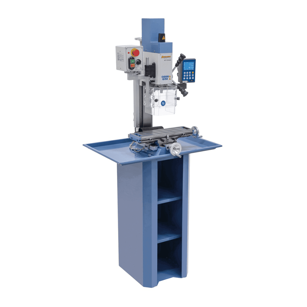 Trapano-fresatrice Bernardo KF 16 Vario met DRO DT 40 3 assen – boren Ø 16 mm, frees front Ø 50 mm, tafel 400 × 120 mm, kop kantelbaar -90°/+90°, motor 0,5 kW, 230V eenfase, gewicht 60 kg