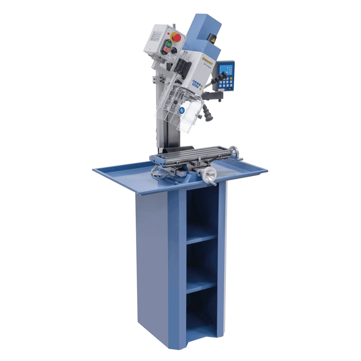 Trapano-fresatrice Bernardo KF 16 Vario met DRO DT 40 3 assen – boren Ø 16 mm, frees front Ø 50 mm, tafel 400 × 120 mm, kop kantelbaar -90°/+90°, motor 0,5 kW, 230V eenfase, gewicht 60 kg