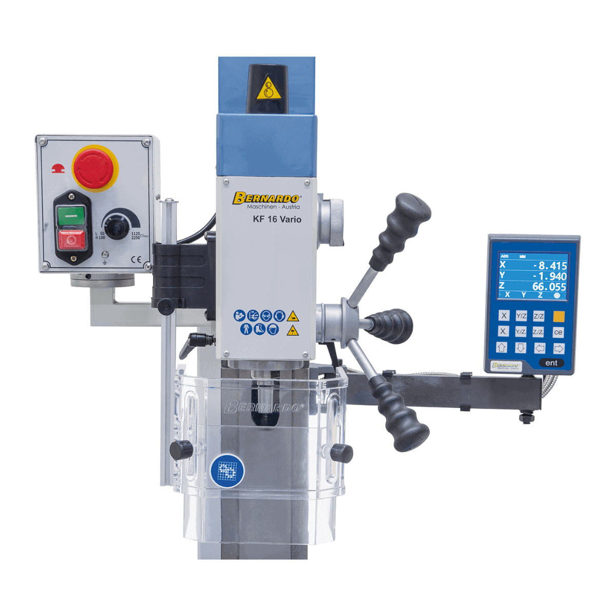 Trapano-fresatrice Bernardo KF 16 Vario met DRO DT 40 3 assen – boren Ø 16 mm, frees front Ø 50 mm, tafel 400 × 120 mm, kop kantelbaar -90°/+90°, motor 0,5 kW, 230V eenfase, gewicht 60 kg