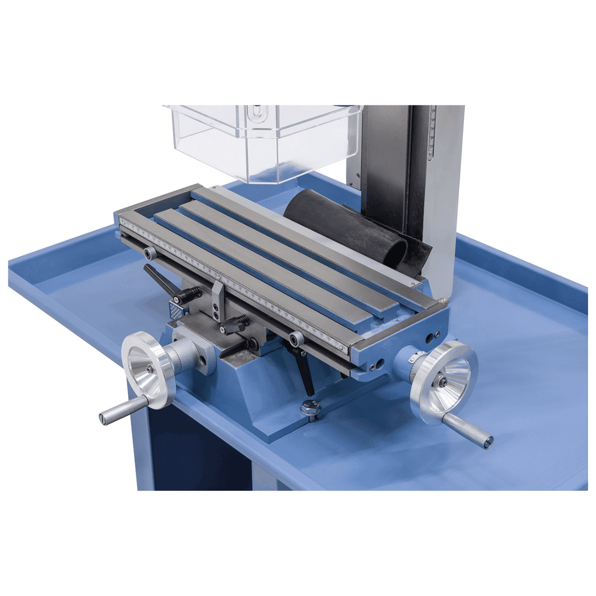Trapano-fresatrice Bernardo KF 16 Vario met DRO DT 40 3 assen – boren Ø 16 mm, frees front Ø 50 mm, tafel 400 × 120 mm, kop kantelbaar -90°/+90°, motor 0,5 kW, 230V eenfase, gewicht 60 kg