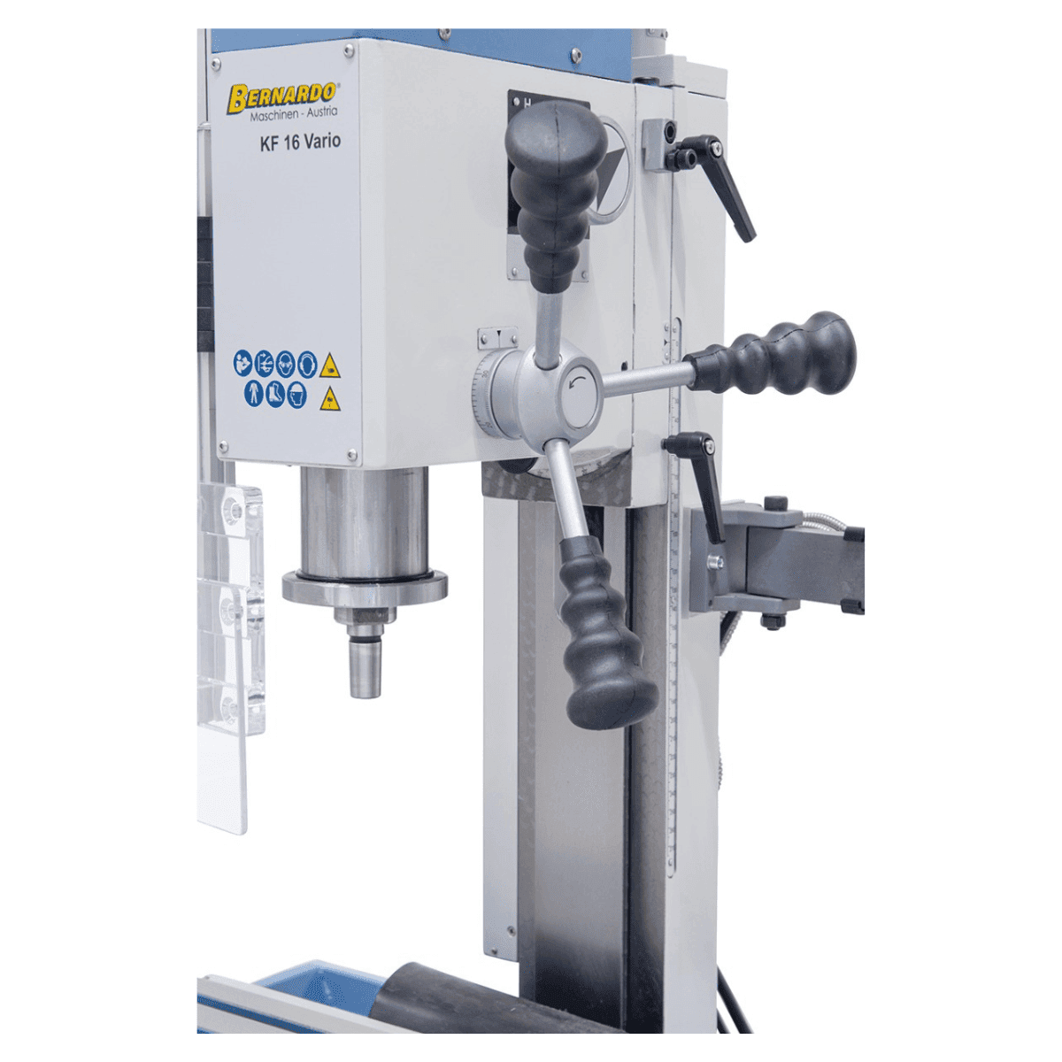 Trapano-fresatrice Bernardo KF 16 Vario met DRO DT 40 3 assen – boren Ø 16 mm, frees front Ø 50 mm, tafel 400 × 120 mm, kop kantelbaar -90°/+90°, motor 0,5 kW, 230V eenfase, gewicht 60 kg
