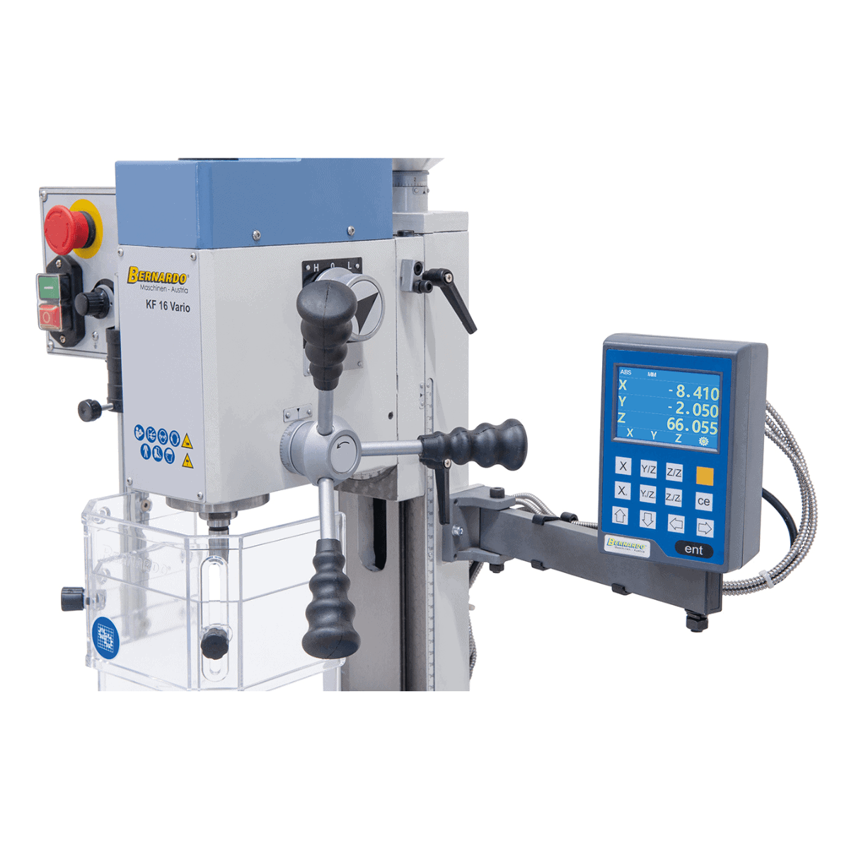Trapano-fresatrice Bernardo KF 16 Vario met DRO DT 40 3 assen – boren Ø 16 mm, frees front Ø 50 mm, tafel 400 × 120 mm, kop kantelbaar -90°/+90°, motor 0,5 kW, 230V eenfase, gewicht 60 kg