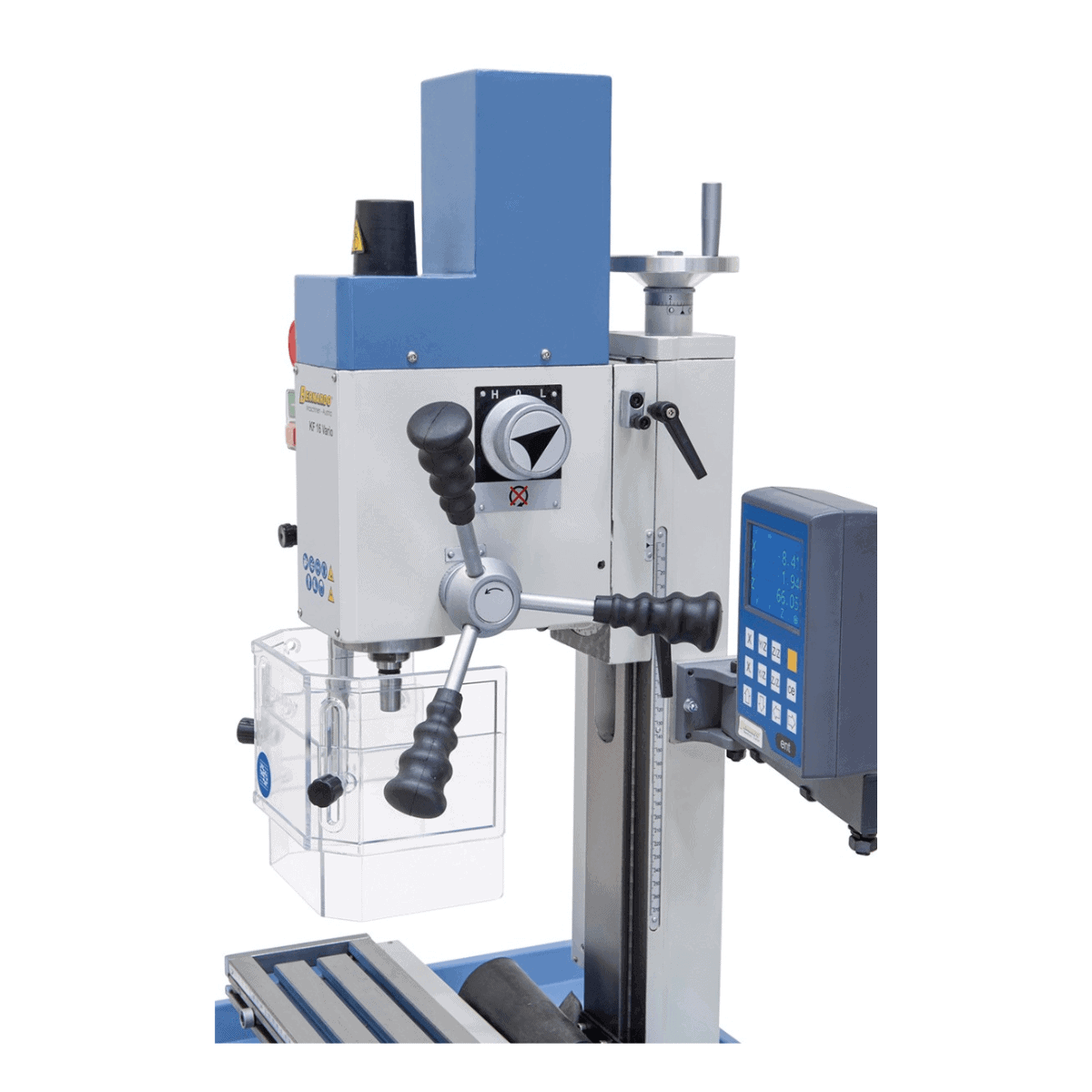 Trapano-fresatrice Bernardo KF 16 Vario met DRO DT 40 3 assen – boren Ø 16 mm, frees front Ø 50 mm, tafel 400 × 120 mm, kop kantelbaar -90°/+90°, motor 0,5 kW, 230V eenfase, gewicht 60 kg