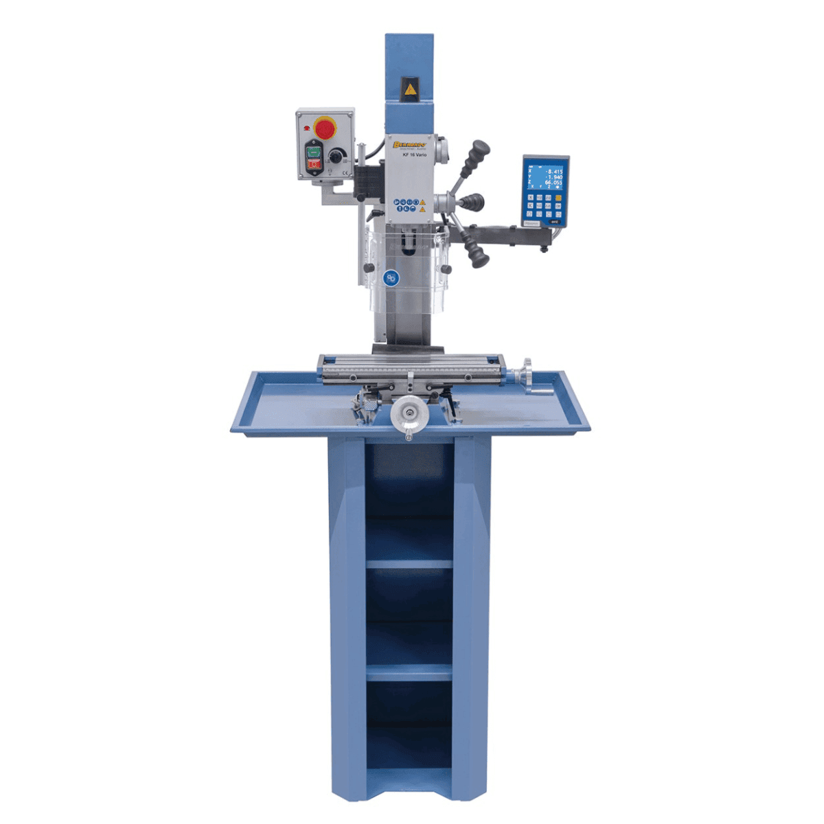Trapano-fresatrice Bernardo KF 16 Vario met DRO DT 40 3 assen – boren Ø 16 mm, frees front Ø 50 mm, tafel 400 × 120 mm, kop kantelbaar -90°/+90°, motor 0,5 kW, 230V eenfase, gewicht 60 kg