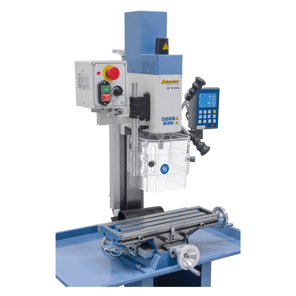 Trapano-fresatrice Bernardo KF 16 Vario met DRO DT 40 3 assen – boren Ø 16 mm, frees front Ø 50 mm, tafel 400 × 120 mm, kop kantelbaar -90°/+90°, motor 0,5 kW, 230V eenfase, gewicht 60 kg