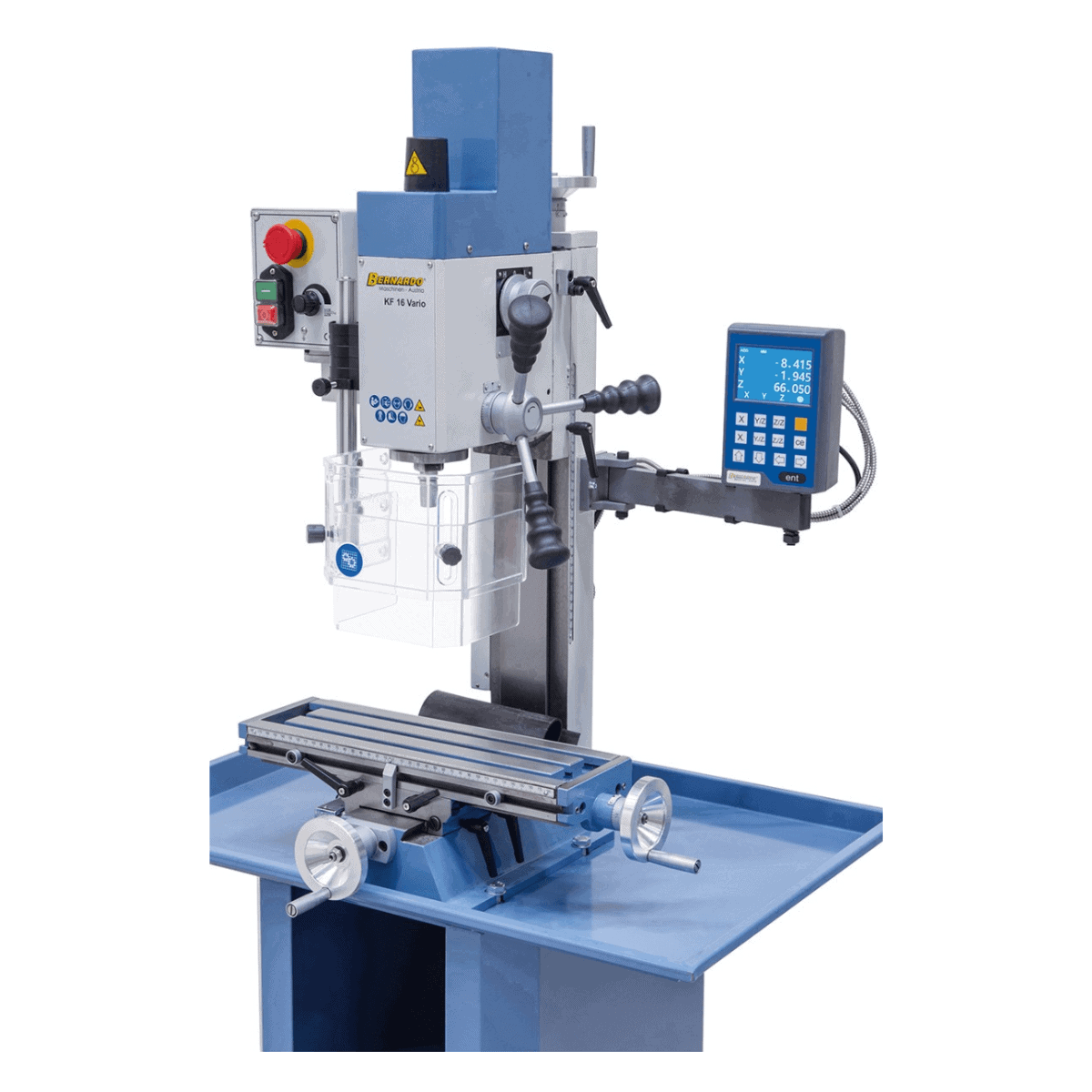Trapano-fresatrice Bernardo KF 16 Vario met DRO DT 40 3 assen – boren Ø 16 mm, frees front Ø 50 mm, tafel 400 × 120 mm, kop kantelbaar -90°/+90°, motor 0,5 kW, 230V eenfase, gewicht 60 kg