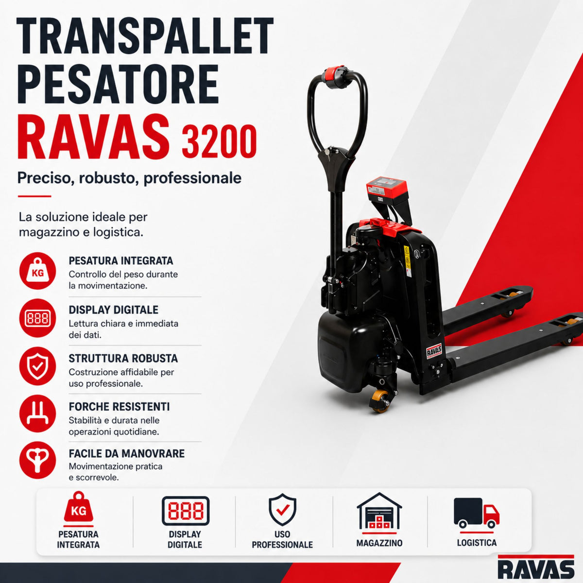Palletwagen elektrisch RAVAS Ergo Truck-2 – tractie elektrisch, weging geintegreerd, Li-ion 24V