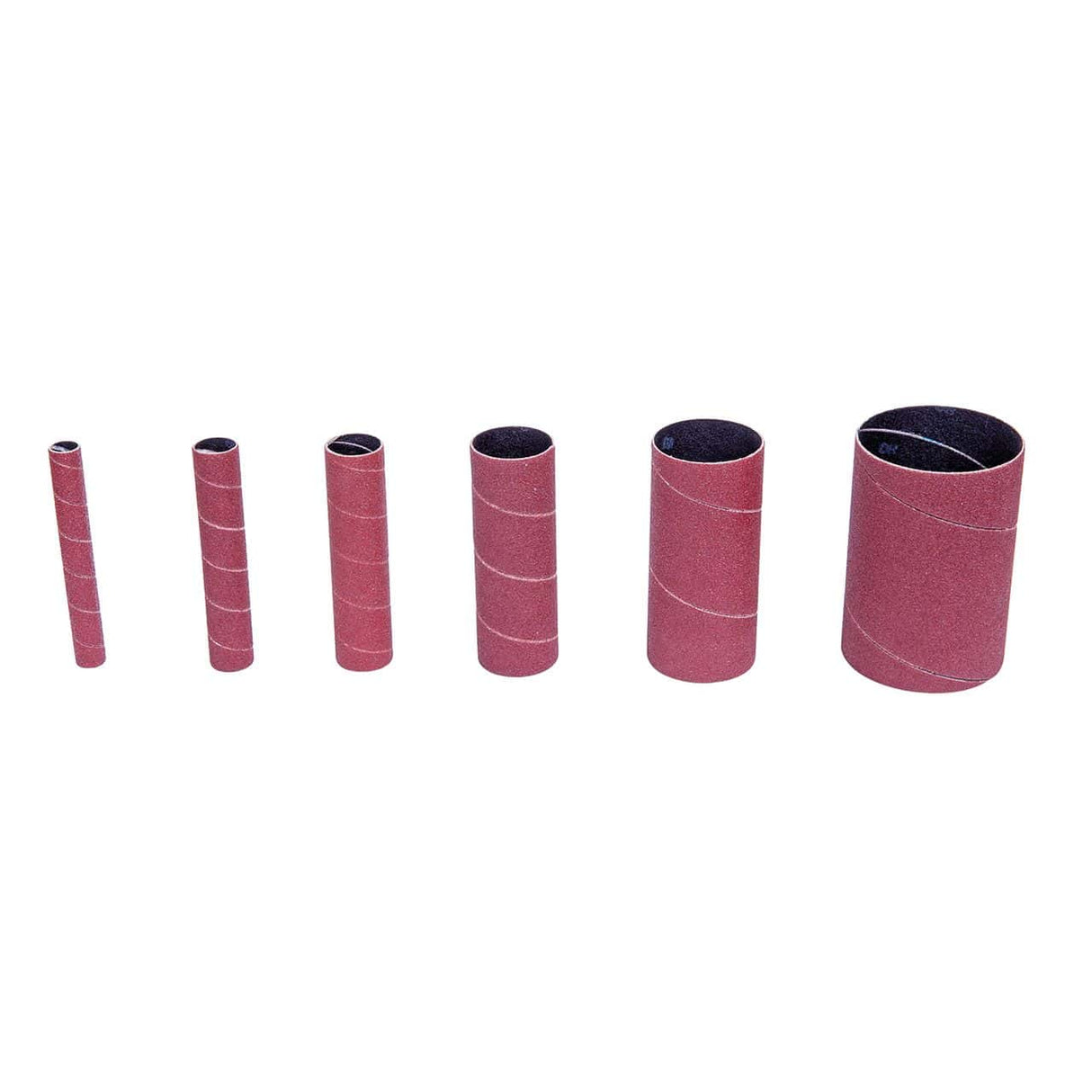 Set di manicotti abrasivi cilindrici grana K240 con diametri da 13 a 76 mm utilizzati per levigatura molto fine e finitura di superfici metalliche con levigatrice OVS 40.