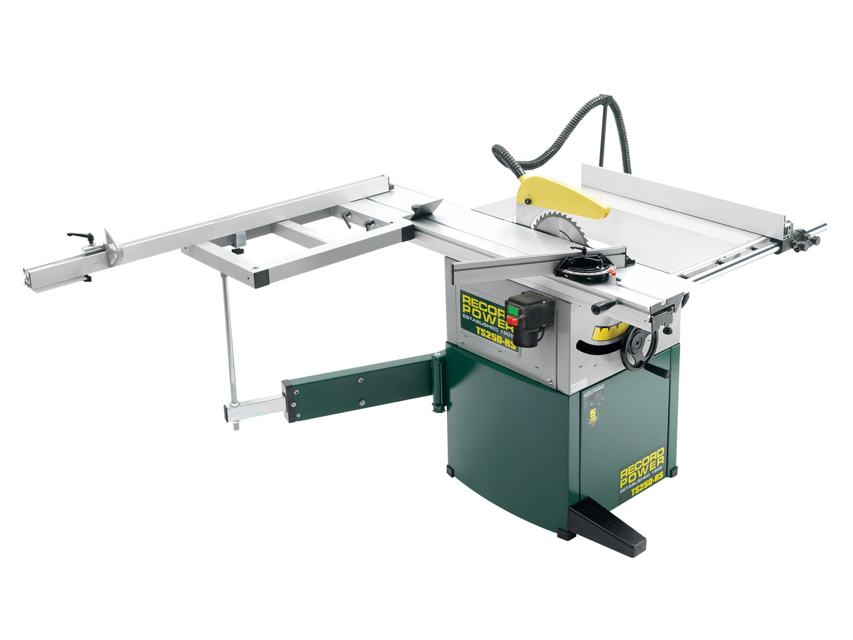 Vista della squadratrice Record Power TS250RS-PK/A con tavolo e carrello a squadrare, ideale per il taglio preciso di pannelli e masselli in falegnameria.