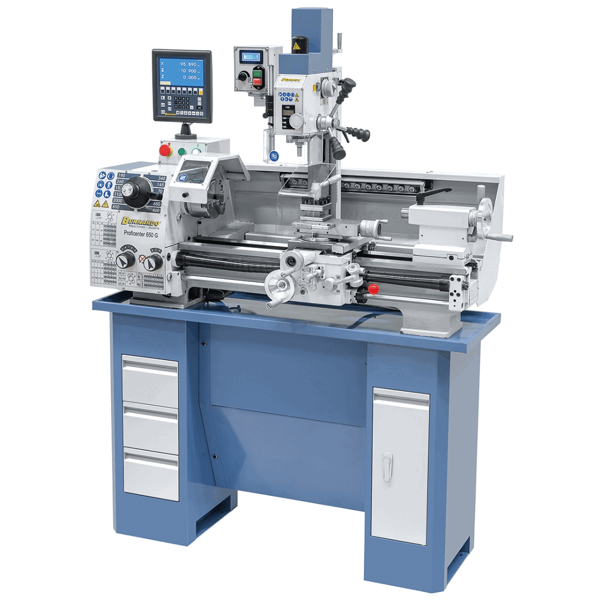 Tornio combinato Bernardo Proficenter 650 G versione 400 V, con distanza punte 650 mm, fresatrice integrata e DRO digitale a 2 assi ES-12 V.