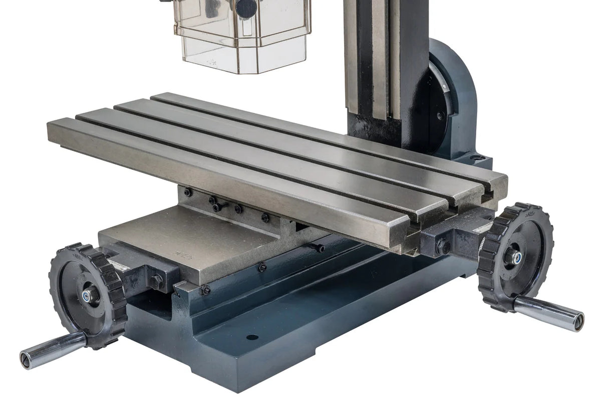 Tavola a croce 400 x 145 mm con cave a T e volantini della trapano-fresatrice M4P MD 10 L / 230 V
