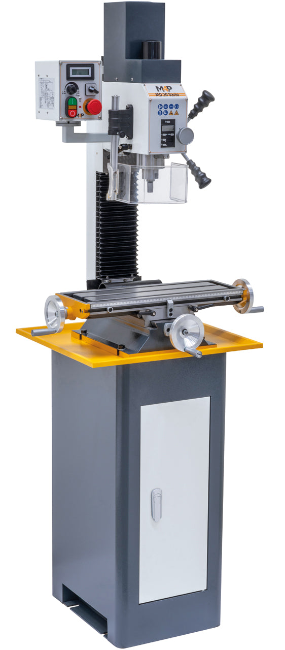 Trapano-fresatrice M4P MD 20 Vario montata su basamento SMD 2 con vasca raccoglitrucioli (accessorio opzionale), vista laterale sinistra