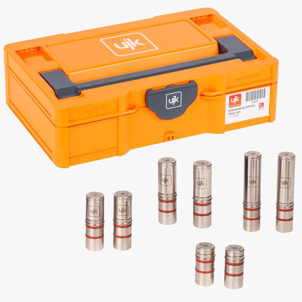 Set spine di riferimento autobloccanti da 20 mm UJK: 8 spine in acciaio inossidabile 303 in 4 sporgenze (10, 30, 40 e 60 mm) con O-ring arancioni, in contenitore Systainer Mini arancione Tanos