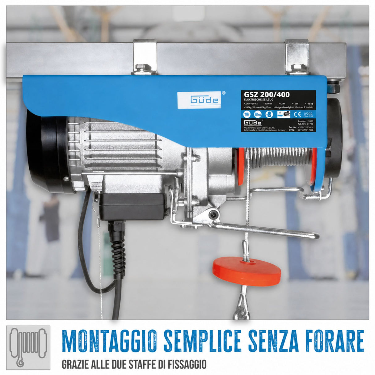 Paranco elektrisch Güde GSZ 200/400 – capaciteit 200 kg van tiro direct o 400 kg met carrucola, fune 12 m