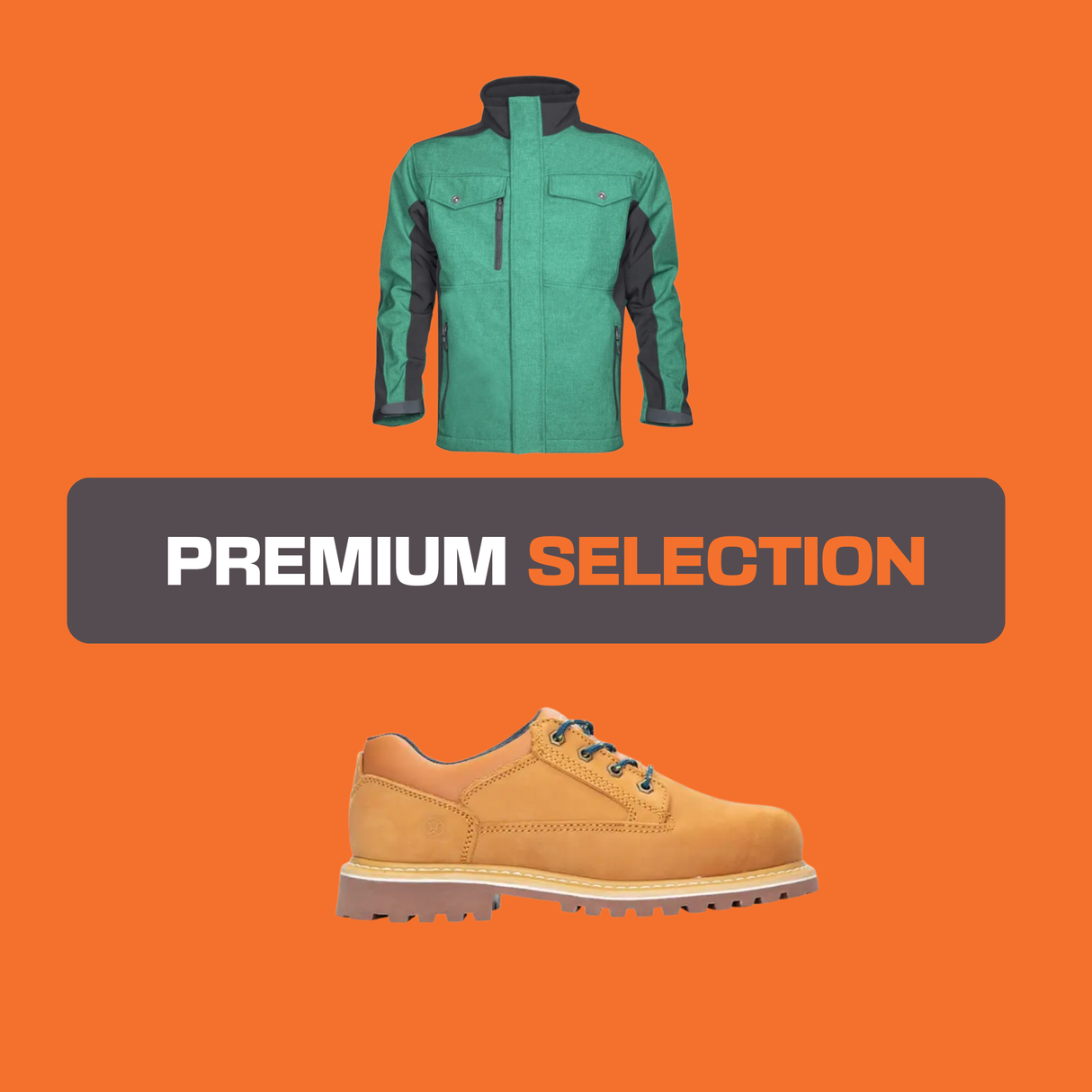 Kit Ardon composto da giacca softshell impermeabile PRE100 verde/nera e scarpe FARM LOW in nubuck giallo, ideale per lavori outdoor e professionali.