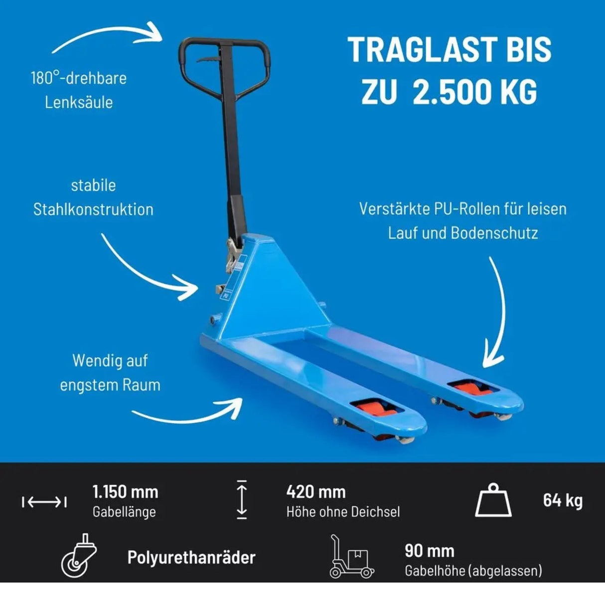 Carrello elevatore manuale Güde 2500 kg – PU (poliuretano)