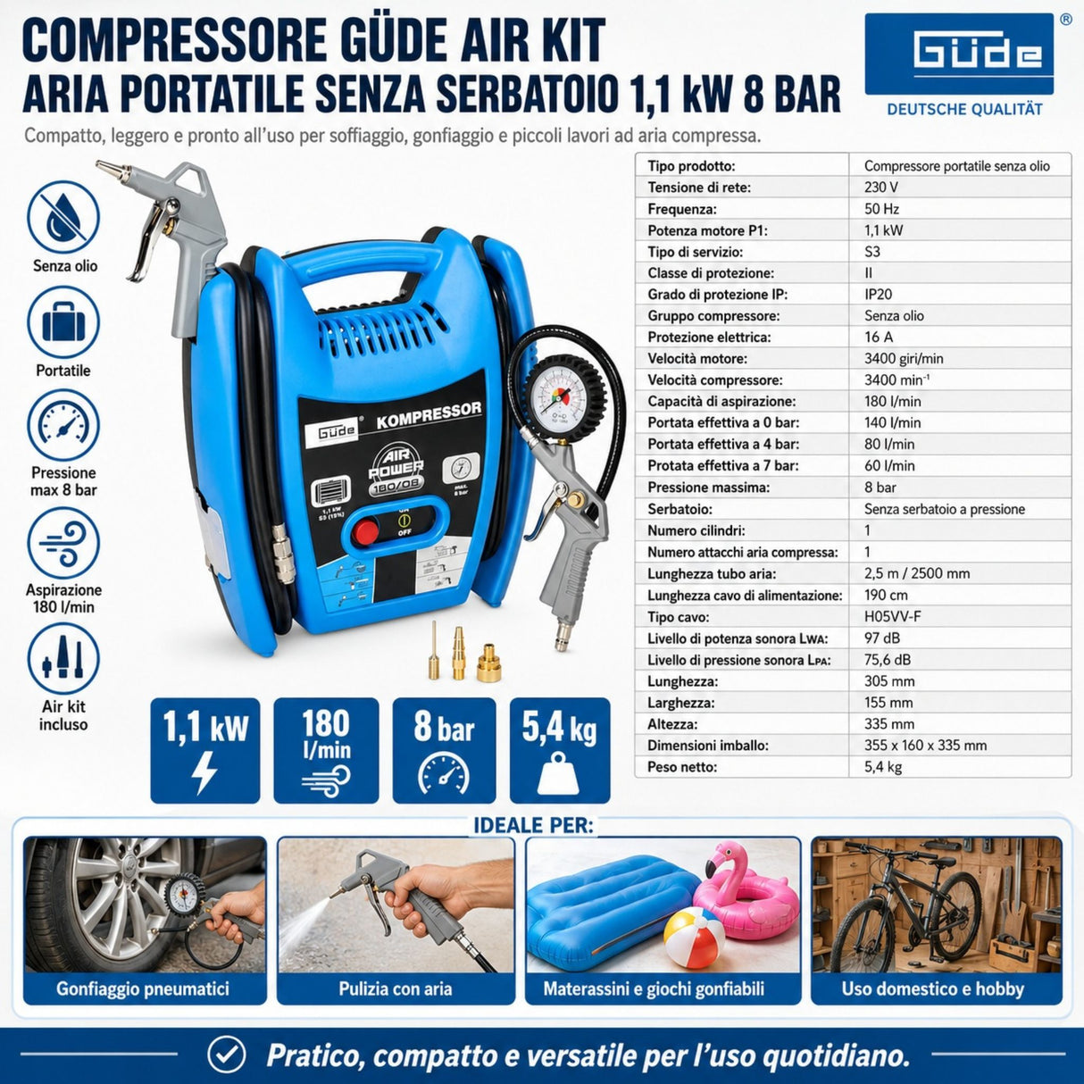 Compressor d'aria draagbaar Güde Airpower 180/08