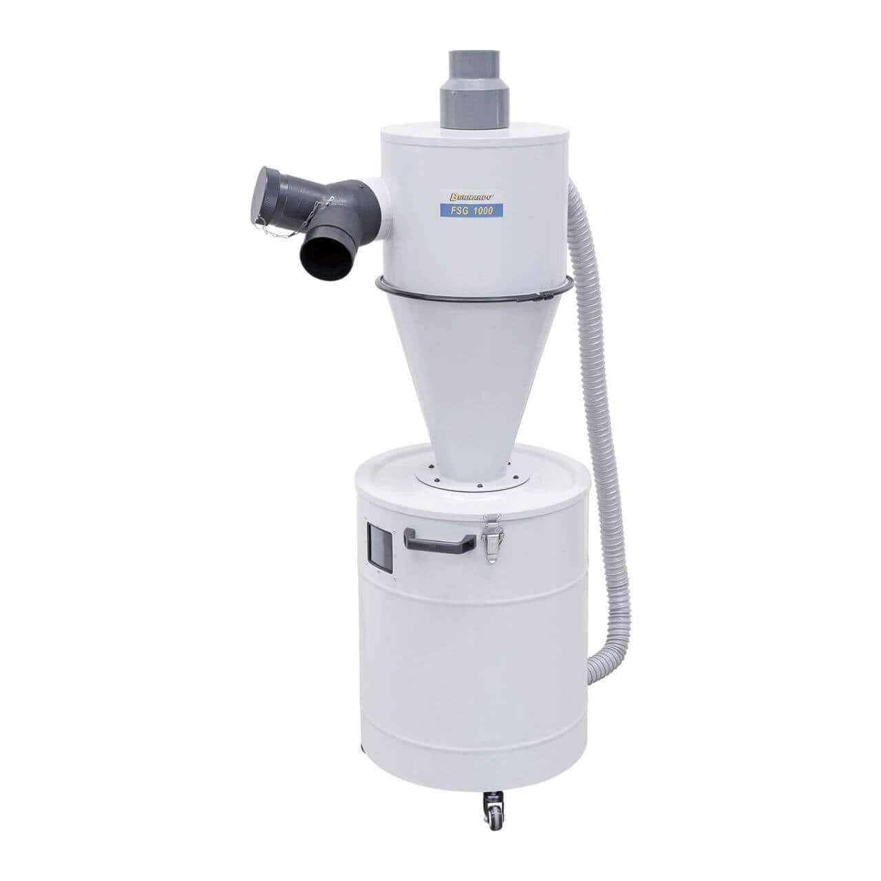 Aspiratore ciclonico Bernardo FSG 1000 con contenitore da 118 litri, adattatore a Y e finestra di ispezione, ideale per ridurre le polveri sottili nelle lavorazioni del legno.