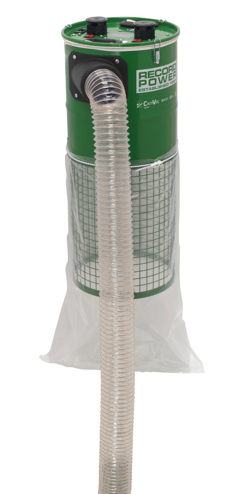 Aspiratore da parete Record Power CamVac CGV286-3-WALL con capacità da 150 litri, doppio motore da 1 kW e filtrazione fine, ideale per officine e laboratori con spazio limitato.