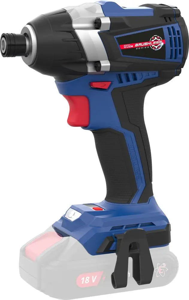 Avvitatore a impulsi Guede BSS 18 1/4-0 BL con motore Brushless, attacco ¼" in metallo e 3 livelli di coppia, ideale per lavori di montaggio e manutenzione.