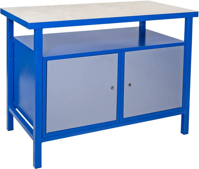 Banco da lavoro professionale Güde P 1200 TT con piano in faggio da 38 mm e doppio armadio con ante chiudibili, ideale per officina.