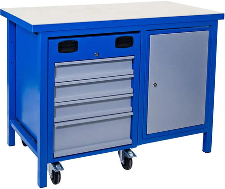 Banco da lavoro Guede 1200 SLT MULTI con piano in faggio da 38 mm, carrello portautensili integrato, cassetti su guide a sfere e struttura in acciaio saldato.