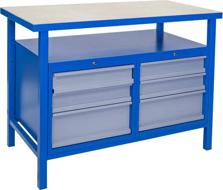 Banco da lavoro Guede P 1200 SS con piano in faggio da 38 mm, struttura in acciaio saldato e cassetti bloccabili, ideale per officina e laboratorio.