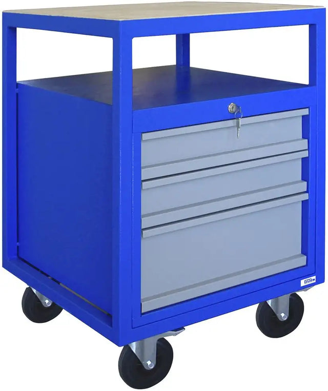 Banco da lavoro mobile Güde Roller P 600 S in acciaio con 3 cassetti, ruote con freno e chiusura centralizzata, ideale per officina.