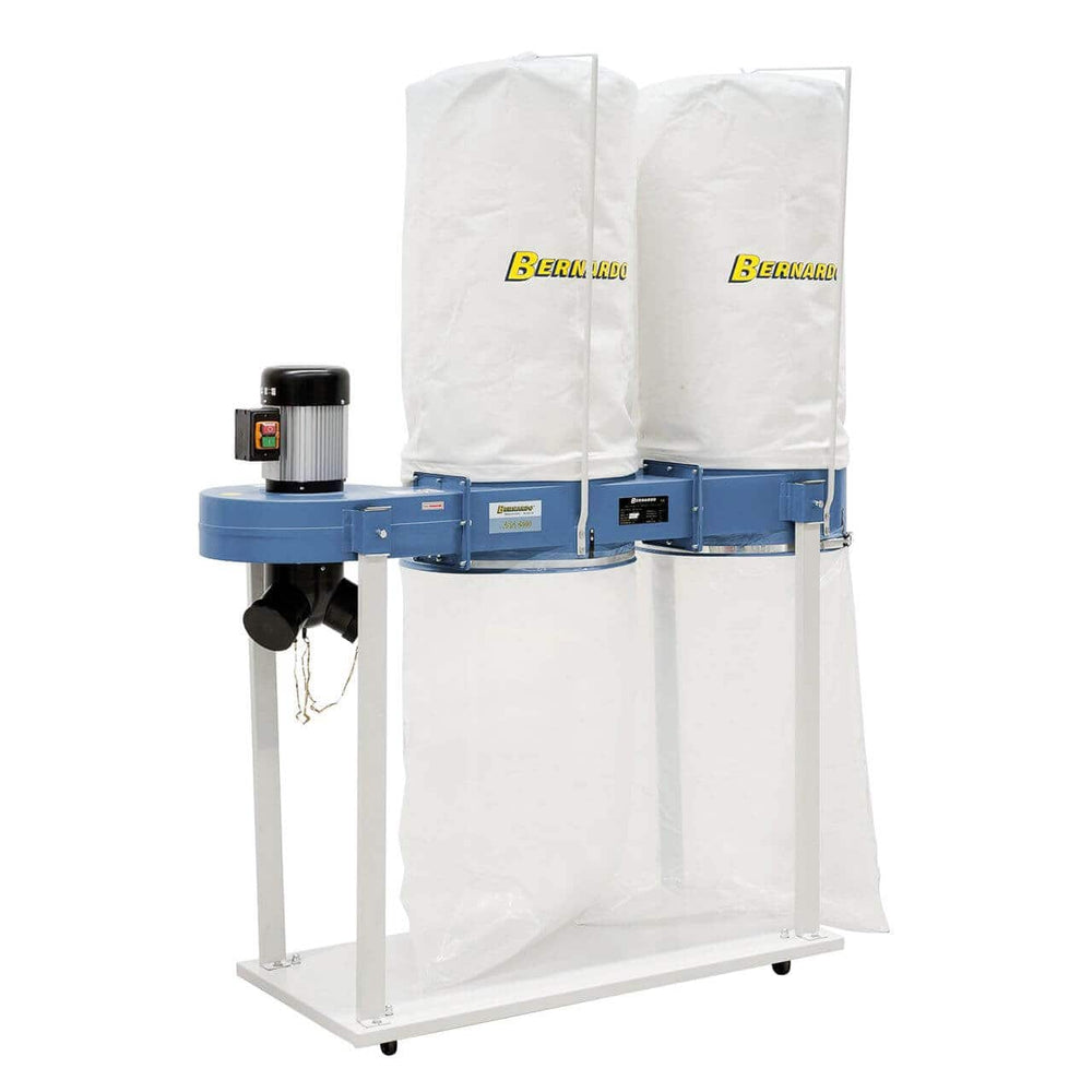 Impianto di aspirazione Bernardo ASA 4500 con doppia sacca trucioli da 165 L, filtro 2,9 m² e adattatore multiattacco, ideale per falegnamerie.