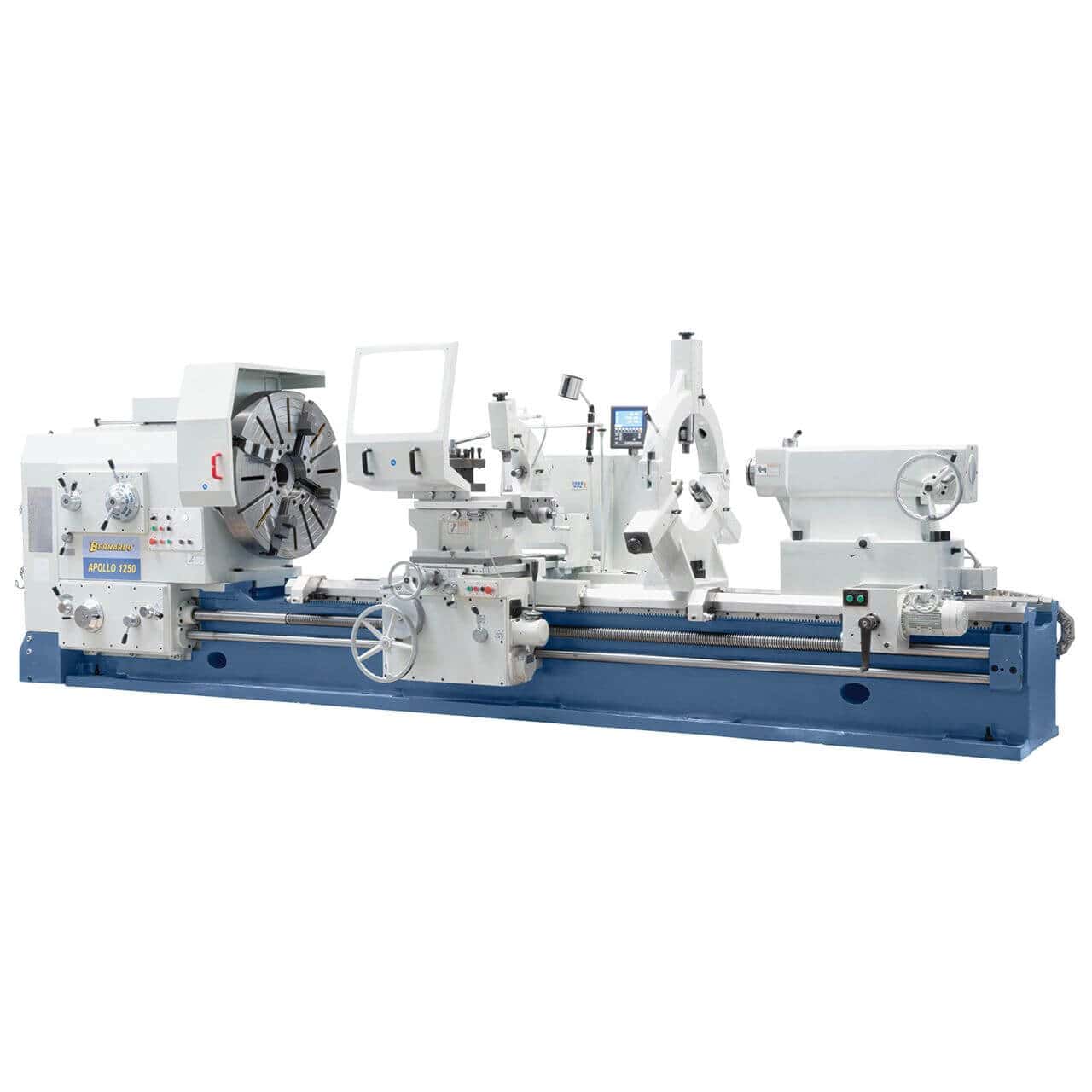 Vista del tornio Bernardo Apollo 1250 x 1500 con mandrino indipendente Ø 1000 mm, bancale rinforzato, contropunta massiccia e visualizzatore digitale a 3 assi integrato, progettato per lavorazioni industriali pesanti.